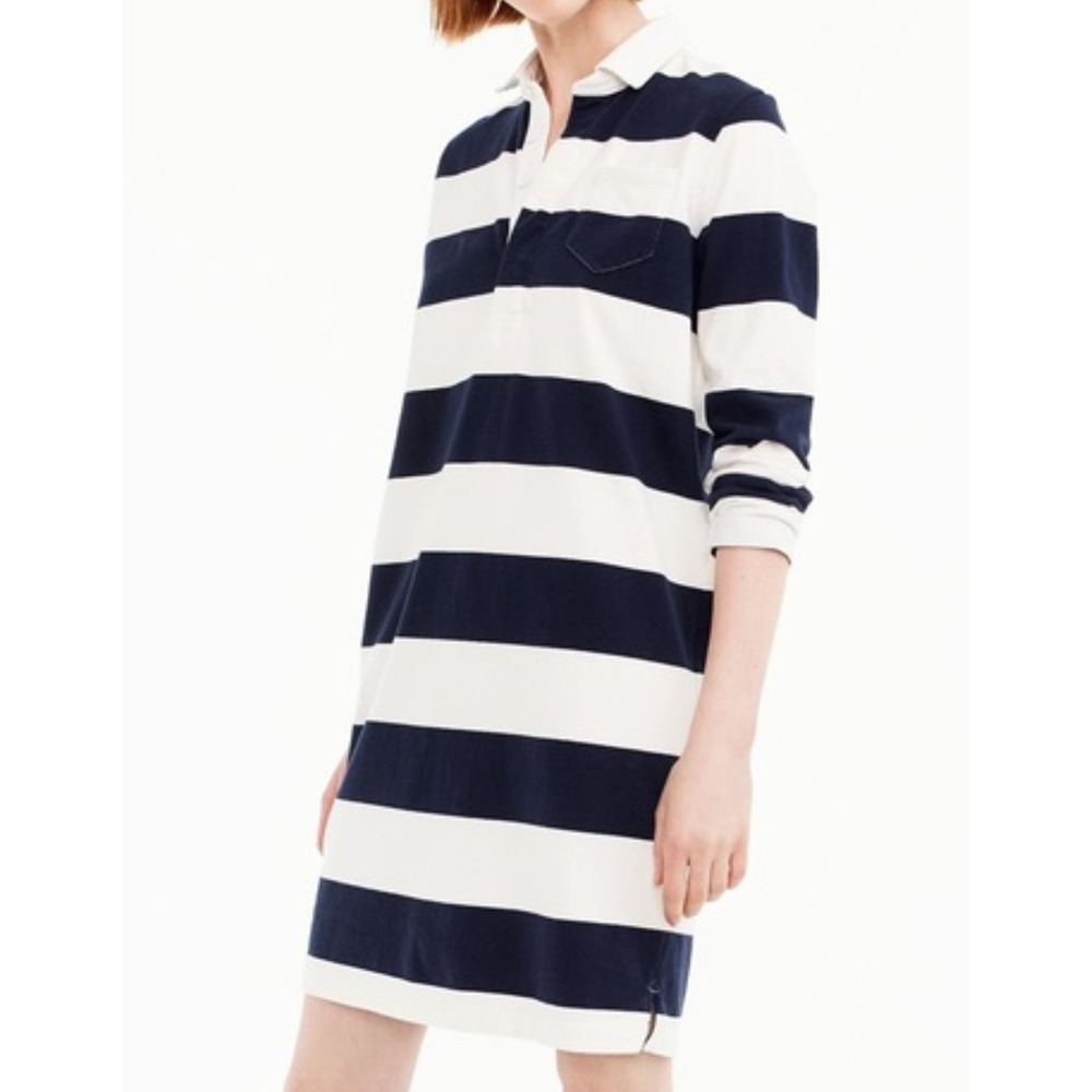 J.Crew white and navy blue striped rugby polo shirt dress Sz Med Preppy Classic